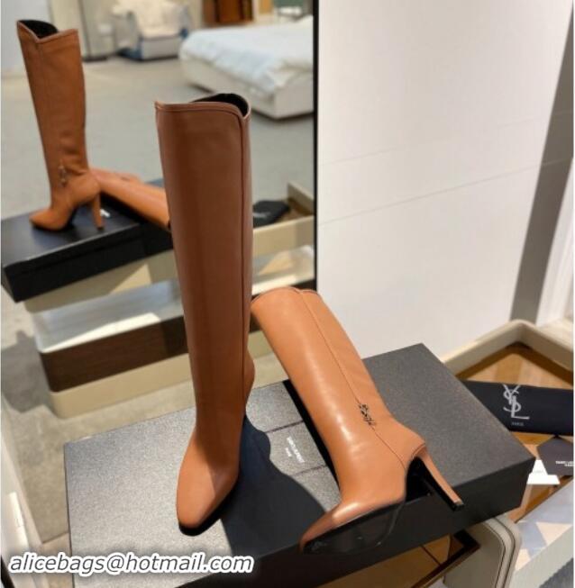 Best Price Saint Laurent Calfskin Leather High Boots 9.5cm with Logo Brown 010032