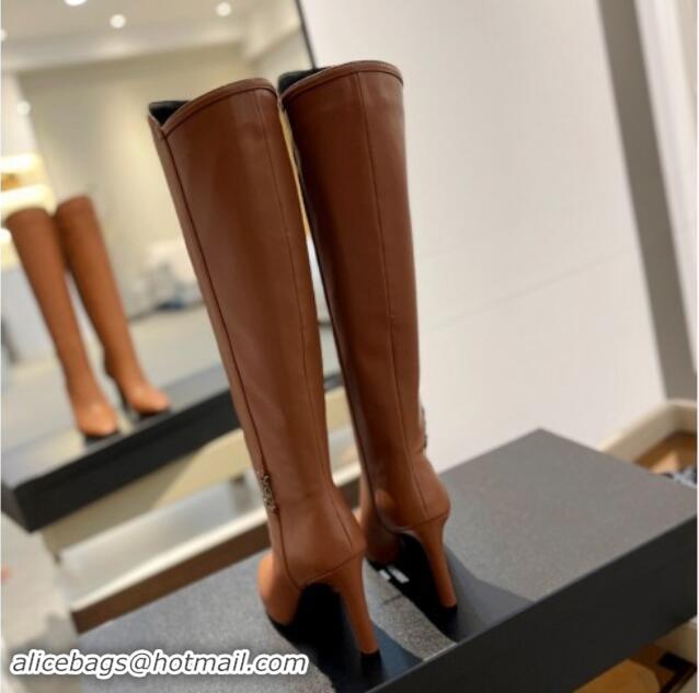 Best Price Saint Laurent Calfskin Leather High Boots 9.5cm with Logo Brown 010032