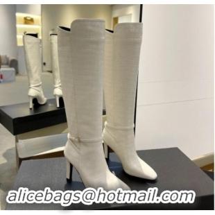 Good Quality Saint Laurent Stone Embossed Leather High Boots 10.5cm with Buckle White 010034