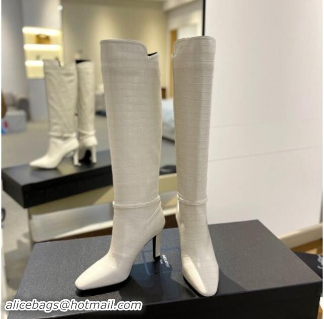 Good Quality Saint Laurent Stone Embossed Leather High Boots 10.5cm with Buckle White 010034