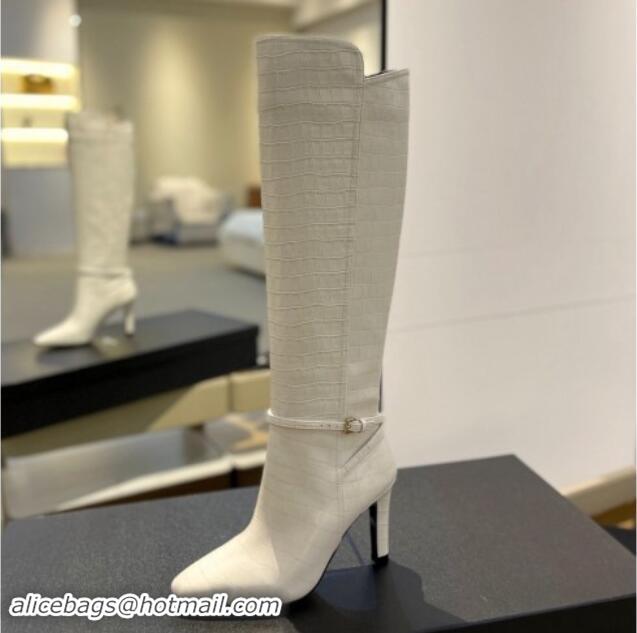 Good Quality Saint Laurent Stone Embossed Leather High Boots 10.5cm with Buckle White 010034