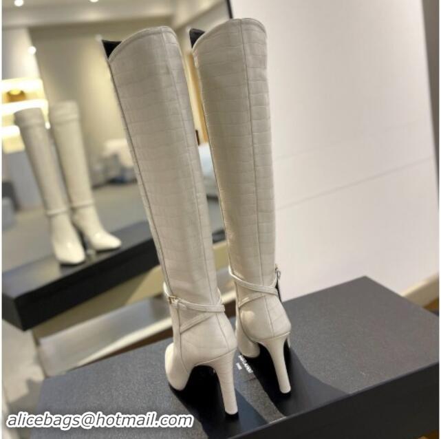 Good Quality Saint Laurent Stone Embossed Leather High Boots 10.5cm with Buckle White 010034