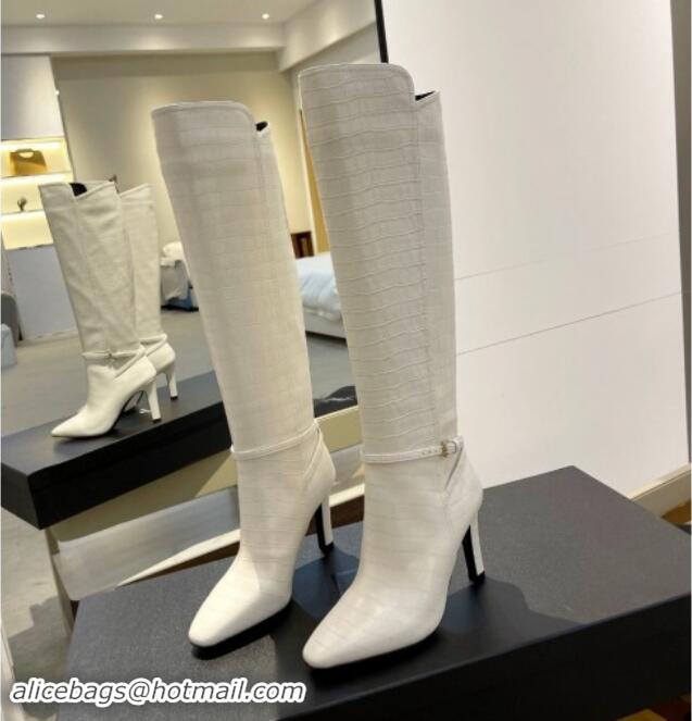 Good Quality Saint Laurent Stone Embossed Leather High Boots 10.5cm with Buckle White 010034