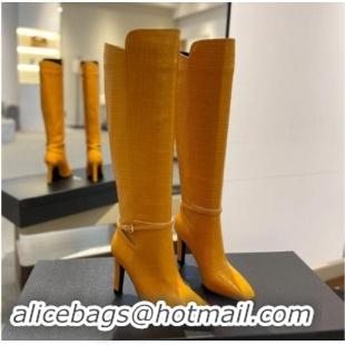 Top Design Saint Laurent Stone Embossed Leather High Boots 10.5cm with Buckle Apricot 010035