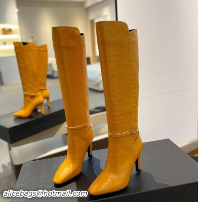 Top Design Saint Laurent Stone Embossed Leather High Boots 10.5cm with Buckle Apricot 010035