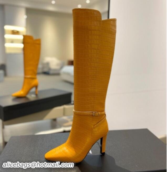 Top Design Saint Laurent Stone Embossed Leather High Boots 10.5cm with Buckle Apricot 010035