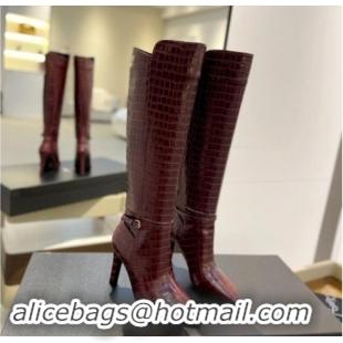 Luxury Saint Laurent Stone Embossed Leather High Boots 10.5cm with Buckle Dark Burgundy 010037