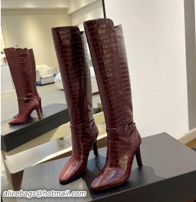 Luxury Saint Laurent Stone Embossed Leather High Boots 10.5cm with Buckle Dark Burgundy 010037