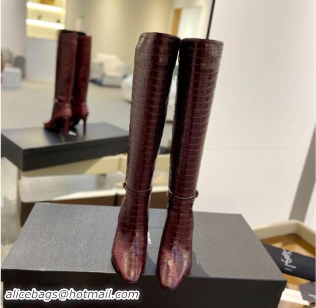 Luxury Saint Laurent Stone Embossed Leather High Boots 10.5cm with Buckle Dark Burgundy 010037