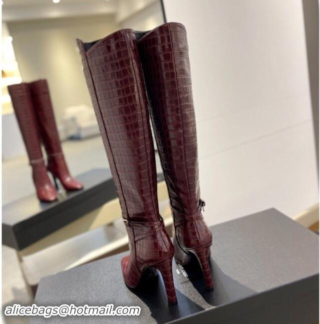 Luxury Saint Laurent Stone Embossed Leather High Boots 10.5cm with Buckle Dark Burgundy 010037