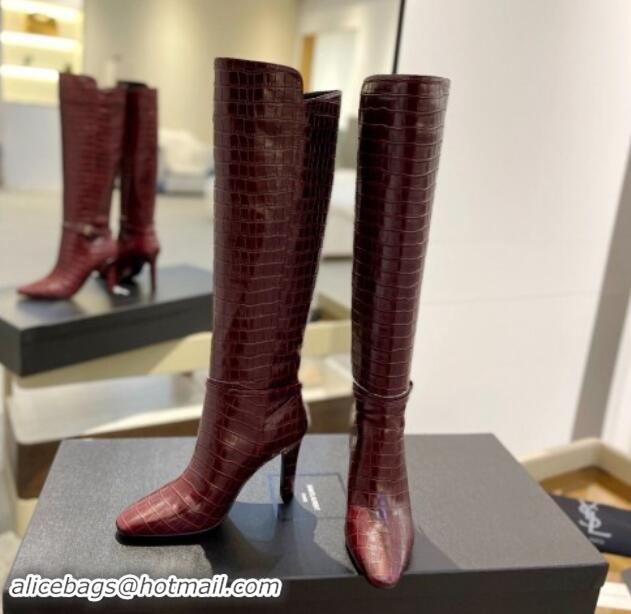 Luxury Saint Laurent Stone Embossed Leather High Boots 10.5cm with Buckle Dark Burgundy 010037