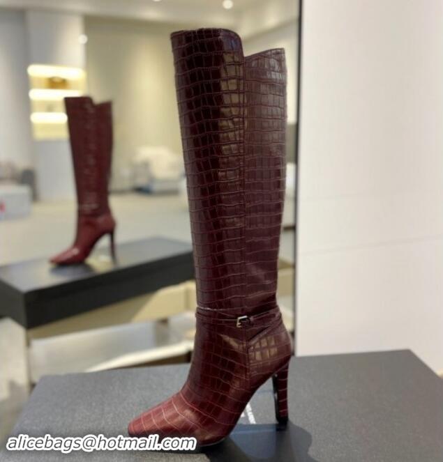 Luxury Saint Laurent Stone Embossed Leather High Boots 10.5cm with Buckle Dark Burgundy 010037