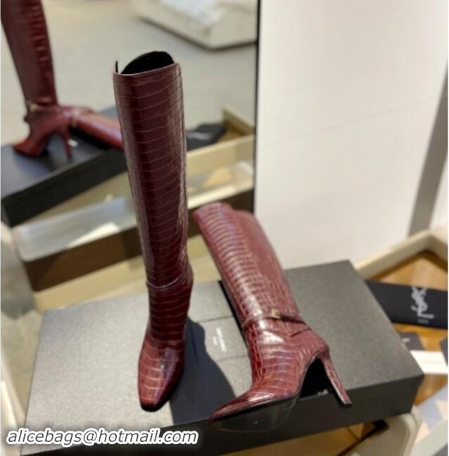 Luxury Saint Laurent Stone Embossed Leather High Boots 10.5cm with Buckle Dark Burgundy 010037