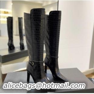 Purchase Saint Laurent Stone Embossed Leather High Boots 10.5cm with Buckle Black 010036