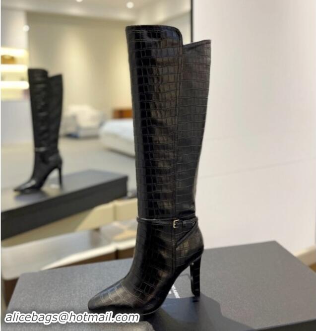 Purchase Saint Laurent Stone Embossed Leather High Boots 10.5cm with Buckle Black 010036