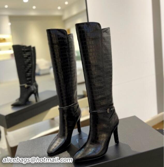 Purchase Saint Laurent Stone Embossed Leather High Boots 10.5cm with Buckle Black 010036