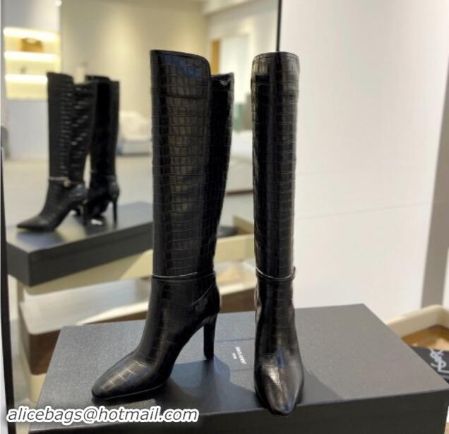 Purchase Saint Laurent Stone Embossed Leather High Boots 10.5cm with Buckle Black 010036