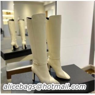 Big Discount Saint Laurent Calfskin Leather High Boots 10.5cm with Buckle Strap White 010038