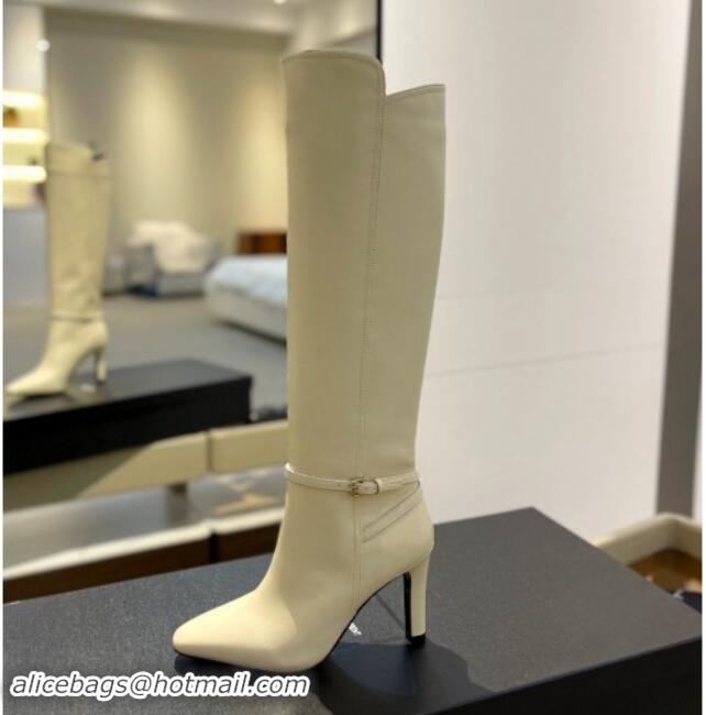 Big Discount Saint Laurent Calfskin Leather High Boots 10.5cm with Buckle Strap White 010038