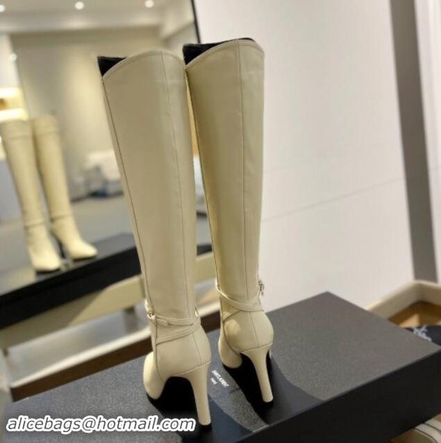 Big Discount Saint Laurent Calfskin Leather High Boots 10.5cm with Buckle Strap White 010038