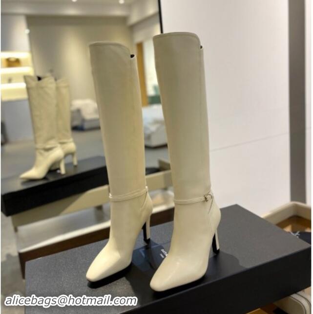 Big Discount Saint Laurent Calfskin Leather High Boots 10.5cm with Buckle Strap White 010038