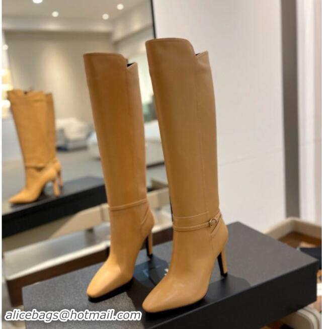 Best Product Saint Laurent Calfskin Leather High Boots 10.5cm with Buckle Strap Apricot 010039