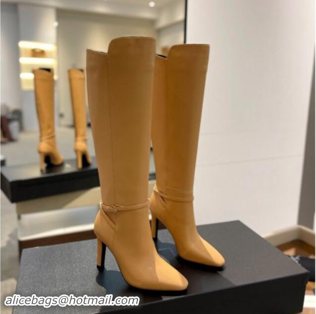 Best Product Saint Laurent Calfskin Leather High Boots 10.5cm with Buckle Strap Apricot 010039