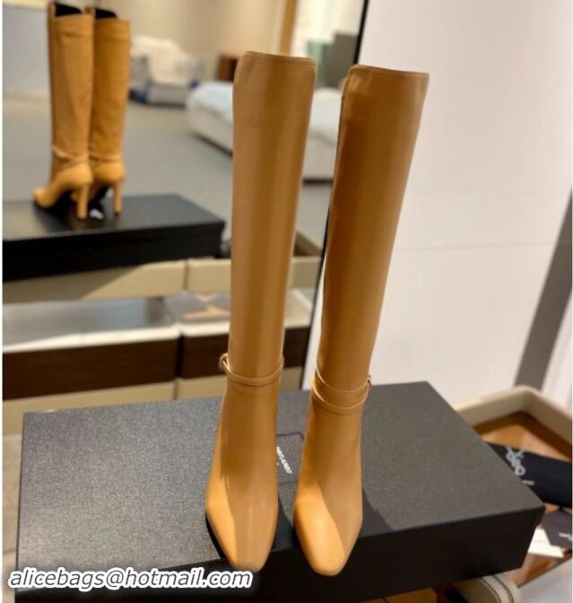 Best Product Saint Laurent Calfskin Leather High Boots 10.5cm with Buckle Strap Apricot 010039