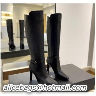 Low Price Saint Laurent Calfskin Leather High Boots 10.5cm with Buckle Strap Black 010041