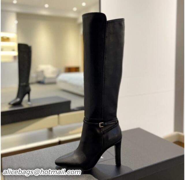 Low Price Saint Laurent Calfskin Leather High Boots 10.5cm with Buckle Strap Black 010041