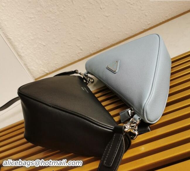 Well Crafted Prada Saffiano Leather and Leather Shoulder Bag 2VH157 Black/Light Blue 2023