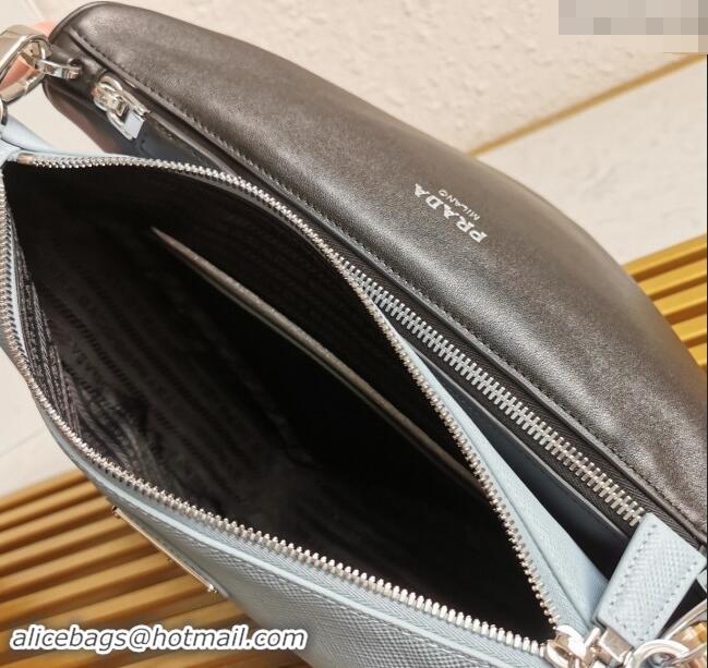 Well Crafted Prada Saffiano Leather and Leather Shoulder Bag 2VH157 Black/Light Blue 2023