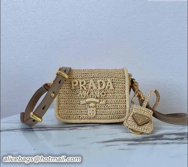 Well Crafted Prada Crochet Raffia-effect and leather shoulder bag with flap 1BD335 2023