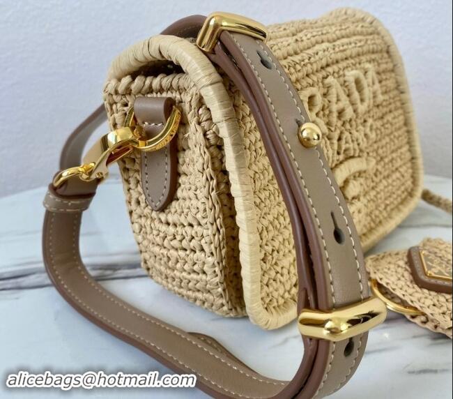 Well Crafted Prada Crochet Raffia-effect and leather shoulder bag with flap 1BD335 2023