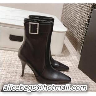 Good Quality Saint Laurent Black Leather Ankle Boots 8.5cm with Strass Buckle 010057