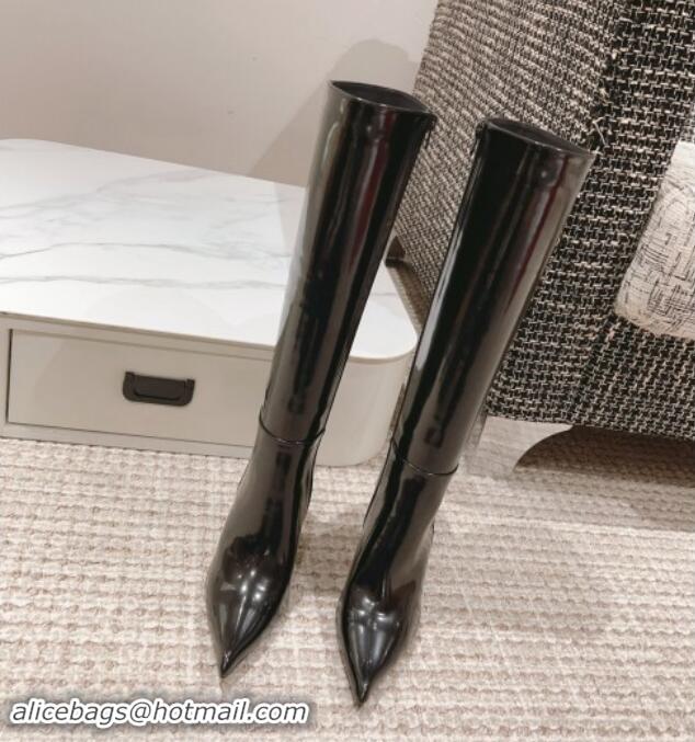 Grade Quality Saint Laurent Pointed High Boots 9cm in Black Glazed Leather 010058