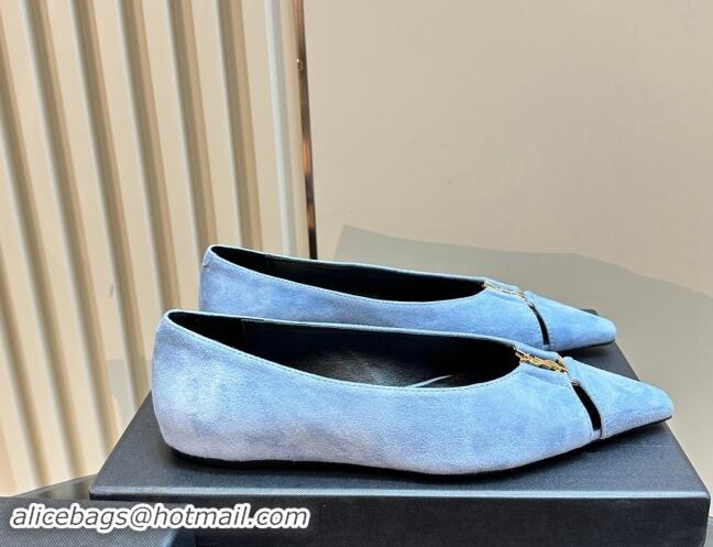 Buy Luxury Saint Laurent Babylone Ballet Flats in Suede Light Blue 010063