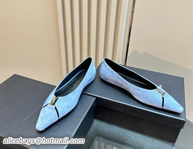 Buy Luxury Saint Laurent Babylone Ballet Flats in Suede Light Blue 010063