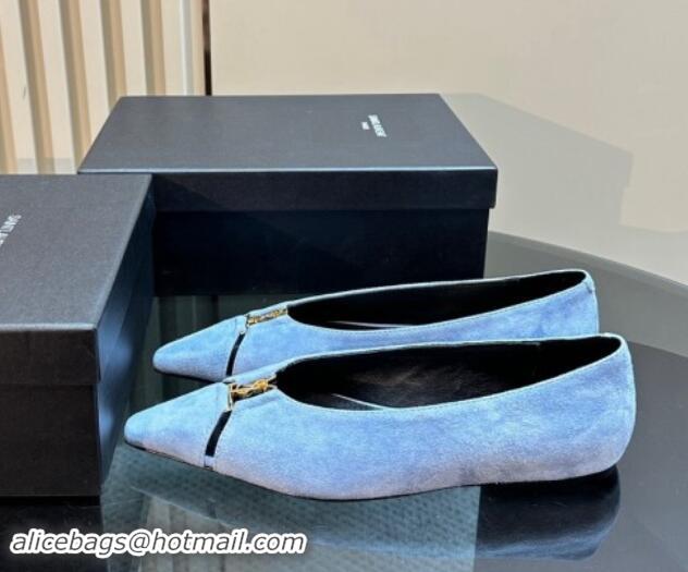 Buy Luxury Saint Laurent Babylone Ballet Flats in Suede Light Blue 010063