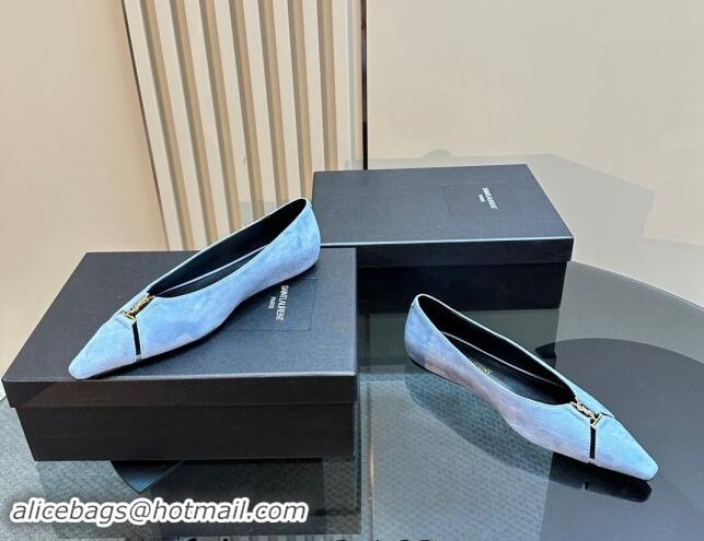 Buy Luxury Saint Laurent Babylone Ballet Flats in Suede Light Blue 010063