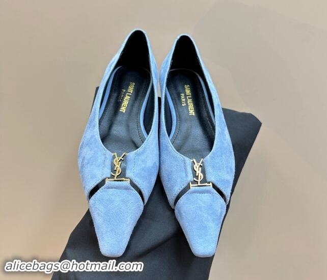 Buy Luxury Saint Laurent Babylone Ballet Flats in Suede Light Blue 010063