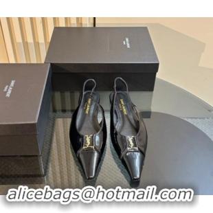 Grade Quality Saint Laurent Babylone Slingback Flats in Black Glazed Leather 010065