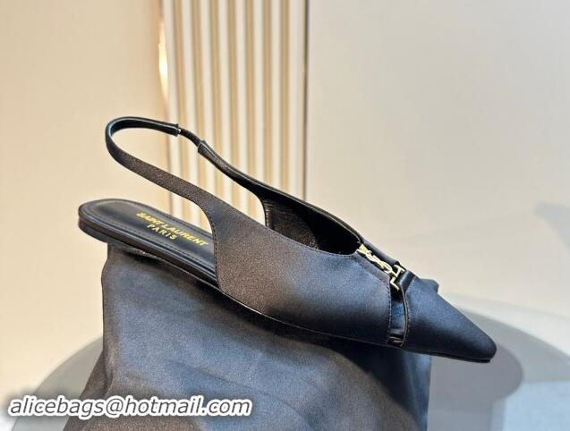 Grade Quality Saint Laurent Babylone Slingback Flats in Black Glazed Leather 010065