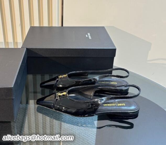 Grade Quality Saint Laurent Babylone Slingback Flats in Black Glazed Leather 010065