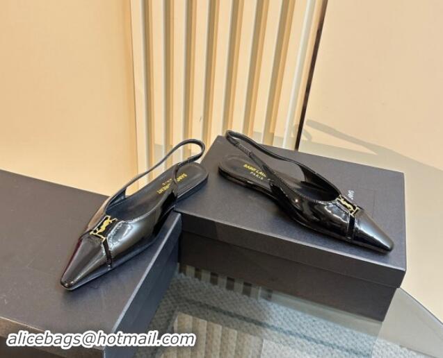 Grade Quality Saint Laurent Babylone Slingback Flats in Black Glazed Leather 010065