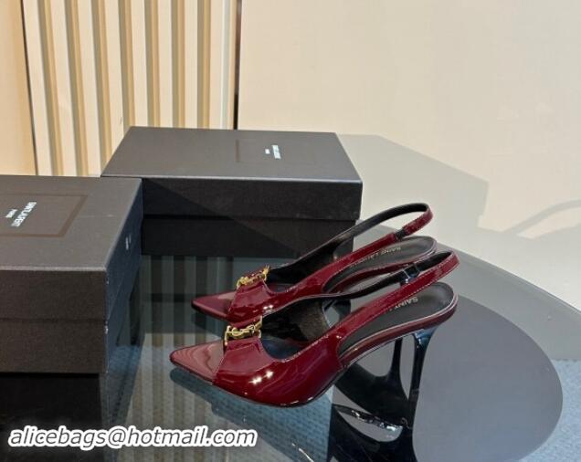 Classic Hot Saint Laurent Babylone Heel Sandals 9cm in Patent Leather with Framed YSL Dark Burgundy 1010069