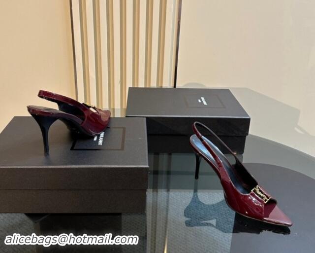 Classic Hot Saint Laurent Babylone Heel Sandals 9cm in Patent Leather with Framed YSL Dark Burgundy 1010069