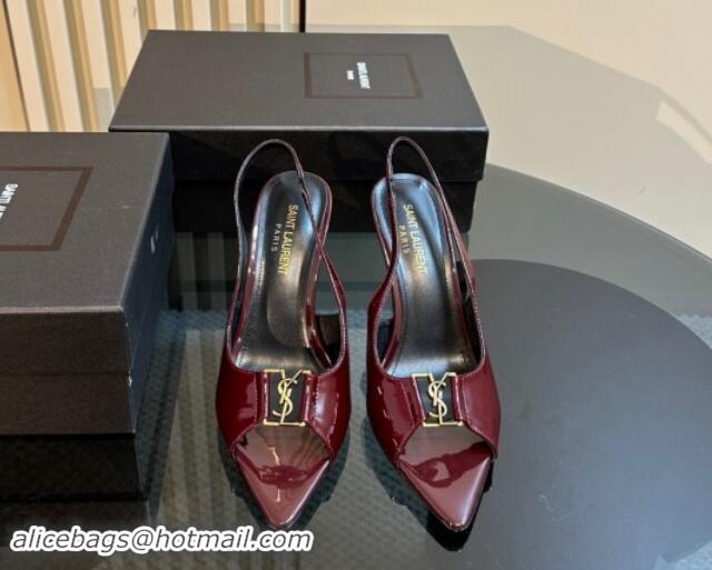 Classic Hot Saint Laurent Babylone Heel Sandals 9cm in Patent Leather with Framed YSL Dark Burgundy 1010069