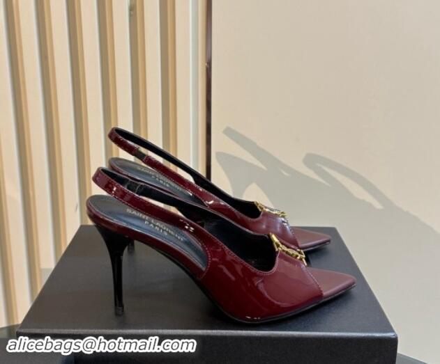 Classic Hot Saint Laurent Babylone Heel Sandals 9cm in Patent Leather with Framed YSL Dark Burgundy 1010069