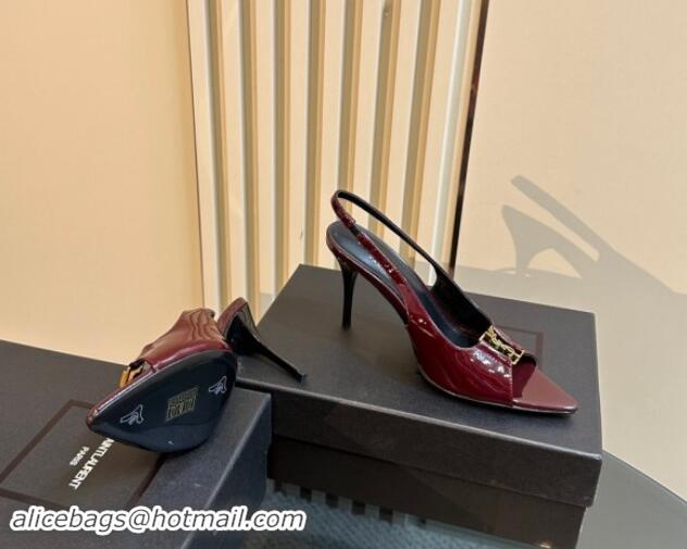 Classic Hot Saint Laurent Babylone Heel Sandals 9cm in Patent Leather with Framed YSL Dark Burgundy 1010069